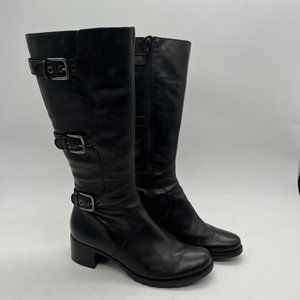 ECCO Women's Size EU 38 3 Buckle Tall Knee High Black Leather Boots Zip Up